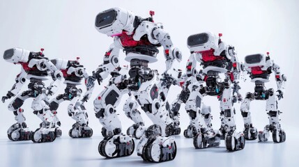 Factory robots working in automation, isolated on white background, representing advanced robotic systems and programming