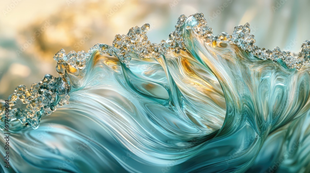 Poster cascading waves of glass folding over themselves, creating a fluid, abstract motion.