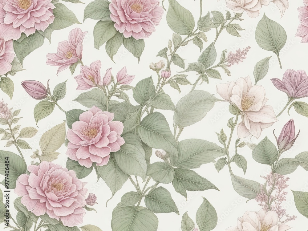 Poster background with a seamless pattern that showcases a selection of old botanical drawings with softly 