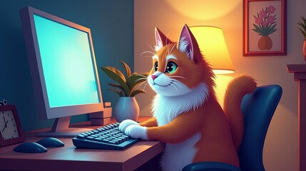 Cartoon Persian Cat Using Laptop