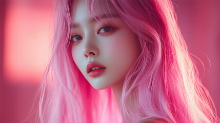 Fototapeta premium Portrait of a Korean girl in pink hair on pink background 
