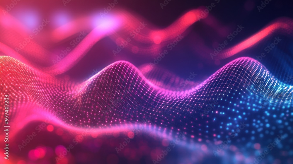 Poster technology digital wave background with stunning motion waving dots texture and glowing defocused pa