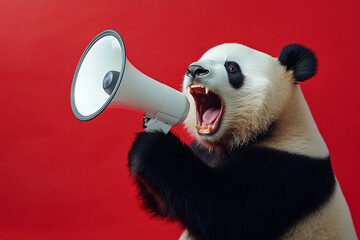 Fototapeta premium A panda holding a megaphone, seemingly shouting, with a vibrant red background.