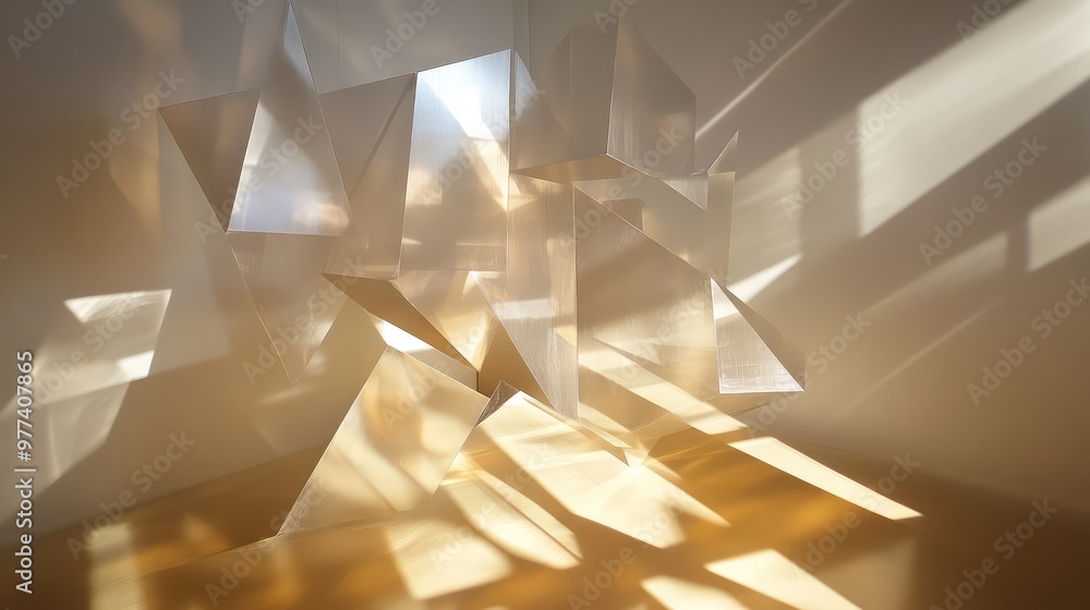 Poster floating geometric shapes reflecting light, creating an abstract play of shadows.