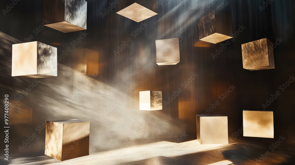 Poster floating geometric shapes reflecting light, creating an abstract play of shadows.