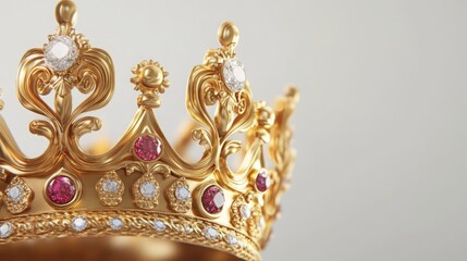 Obraz premium Luxurious Golden Crown Adorned with Precious Gems, Featuring Ornate Detailing and Resting Elegantly on a White Background. Ideal for Game Design and Fantasy Themes.