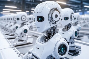 Fototapeta premium Programming autonomous robots for factory settings, isolated on white background, focusing on industry 4.0 and automation