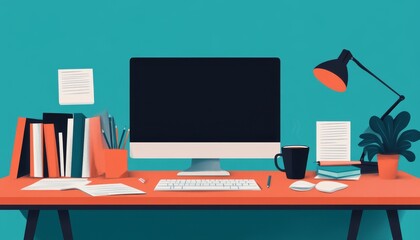 A colorful workspace featuring a modern computer, stationery, and potted plant on a vibrant desk, perfect for creative inspiration.