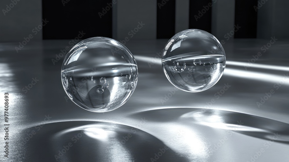 Aufkleber floating glass orbs reflecting light and casting soft shadows in a dark, empty space.