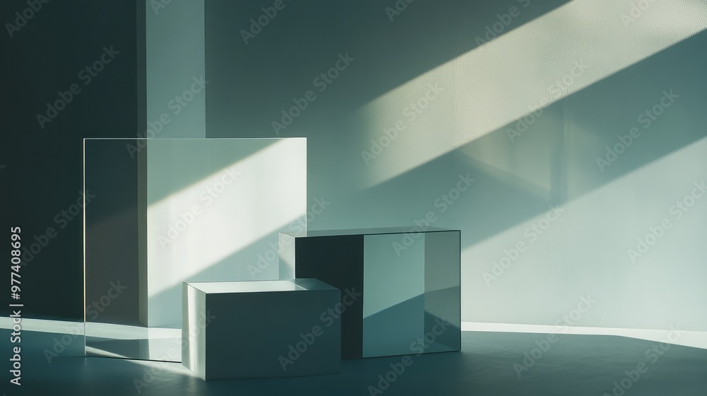 Poster floating geometric shapes reflecting light, creating an abstract play of shadows.