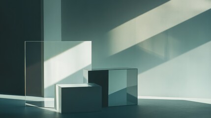 Floating geometric shapes reflecting light, creating an abstract play of shadows.