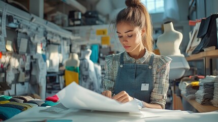 Obraz premium creative fashion studio where a young woman designer skillfully works with textile samples and mannequins to bring her fashion ideas to life