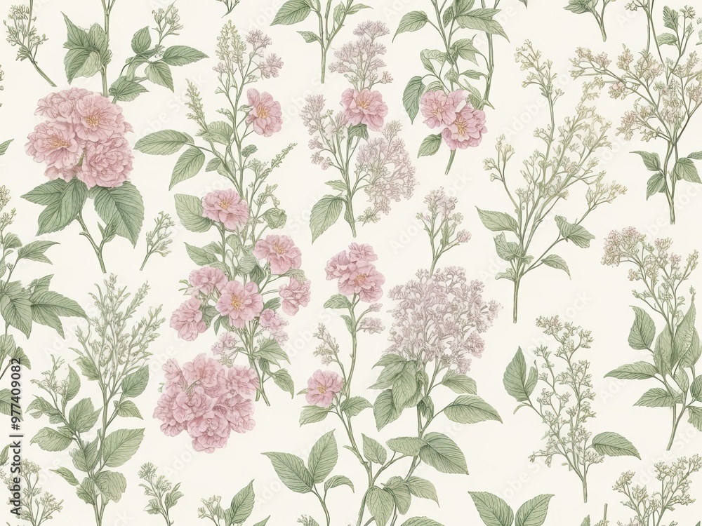 Poster background with a seamless pattern that showcases a selection of old botanical drawings with softly 