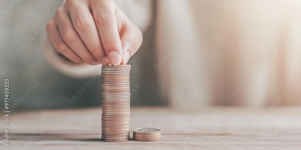 Wall mural female hand placing money coins in a stack of coins. symbolizing finances, business growth and the p