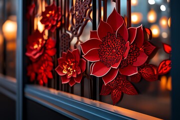 A series of intricate red paper cuttings adorning a window, casting soft shadows in the evening light