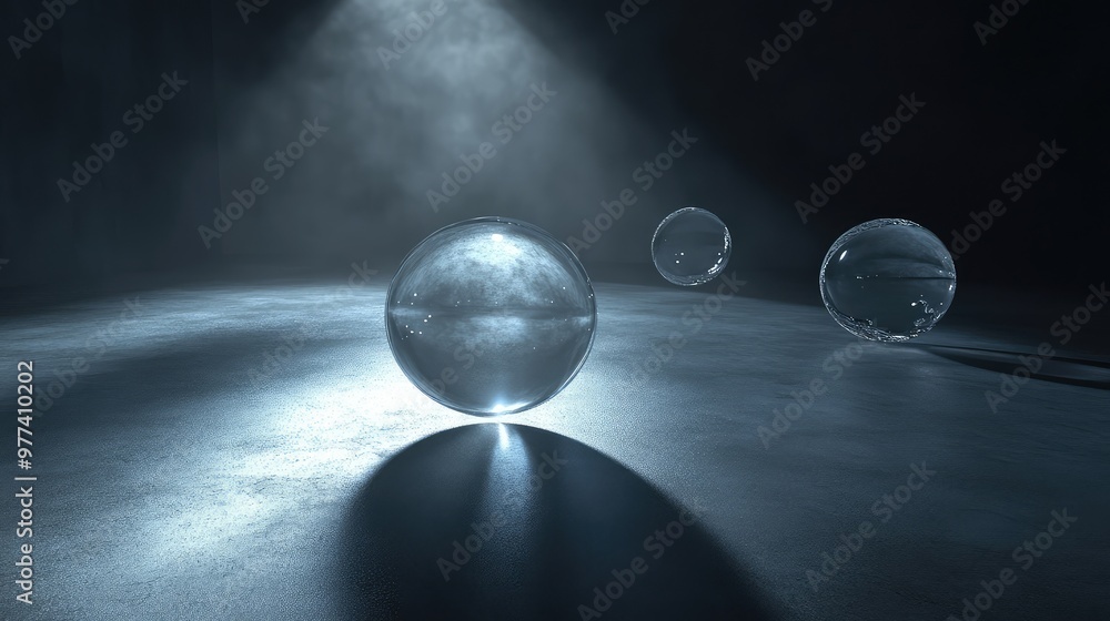 Poster floating glass orbs reflecting light and casting soft shadows in a dark, empty space.