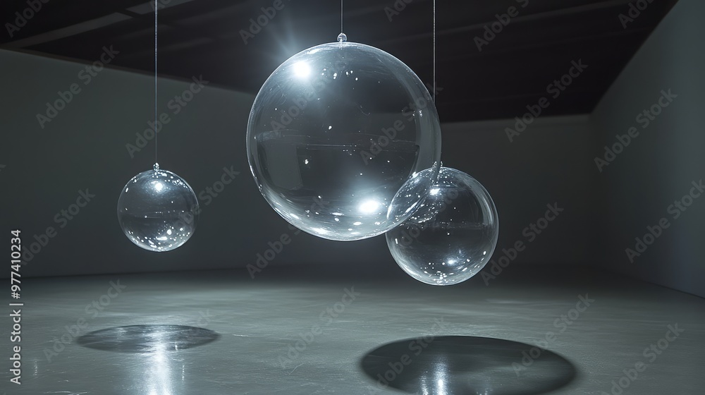 Poster floating glass orbs reflecting light and casting soft shadows in a dark, empty space.