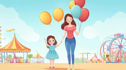 Fototapeta premium Cartoon mom and child holding balloons at a carnival, with space for text on a fun backdrop.