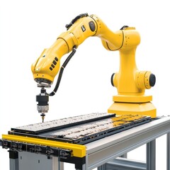 Robot control systems in a factory setting, isolated on white background, focusing on robotics software and programming