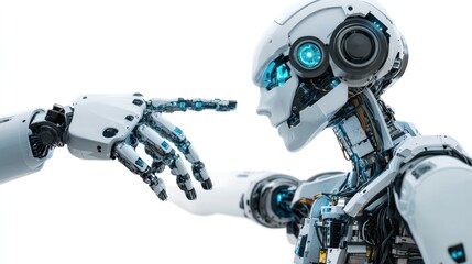 Robot integration in manufacturing automation, isolated on white background, highlighting collaborative systems and AI