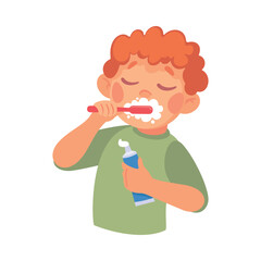 Boy Character in Bathroom Brushing Teeth Enjoy Morning Routine Vector Illustration