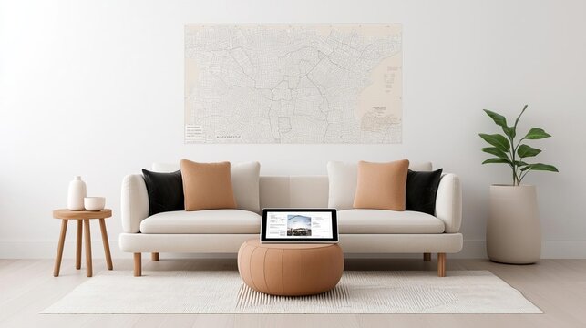 Setting up a travel itinerary in a modern living room with a tablet showing a city guide