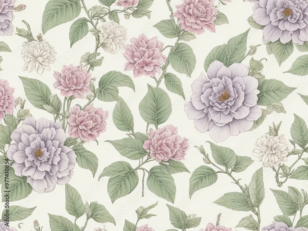 Poster background with a seamless pattern that showcases a selection of old botanical drawings with softly 
