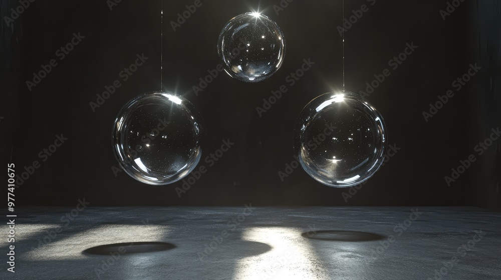 Poster floating glass orbs reflecting light and casting soft shadows in a dark, empty space.