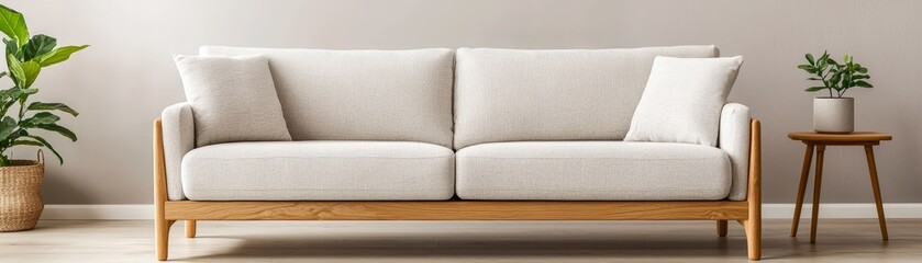 Fototapeta premium Sofa with a frame made from recycled wood, featuring upcycled fabric upholstery, sustainable furniture, cozy ecoconscious living room