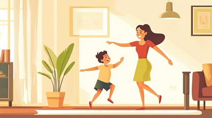 Cartoon mother and child dancing in a living room, with room for copy space above.