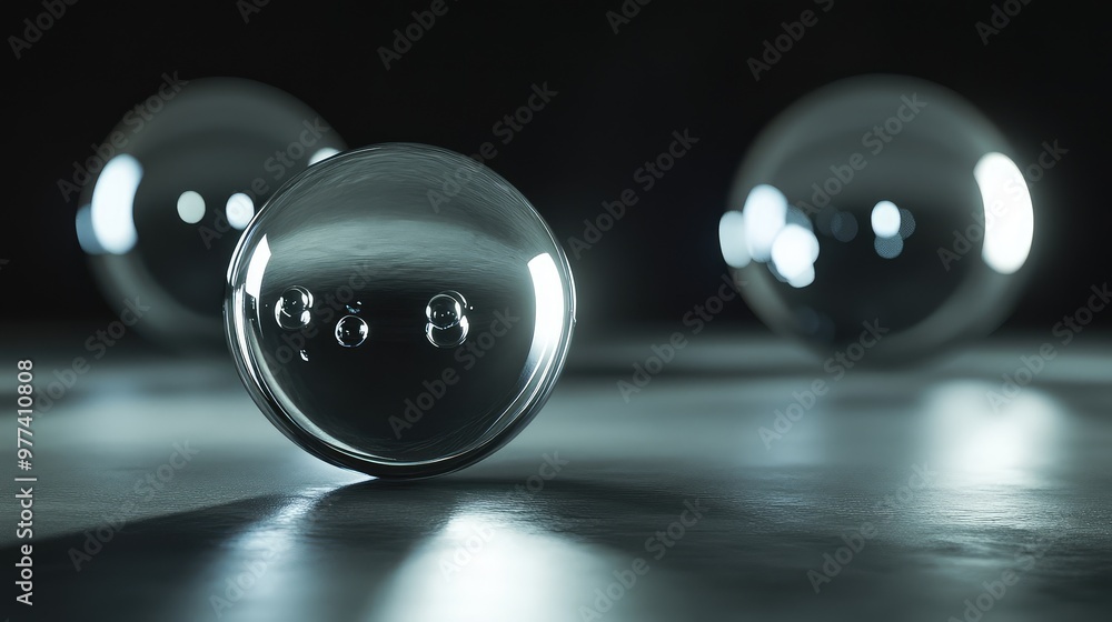 Poster floating glass orbs reflecting light and casting soft shadows in a dark, empty space.