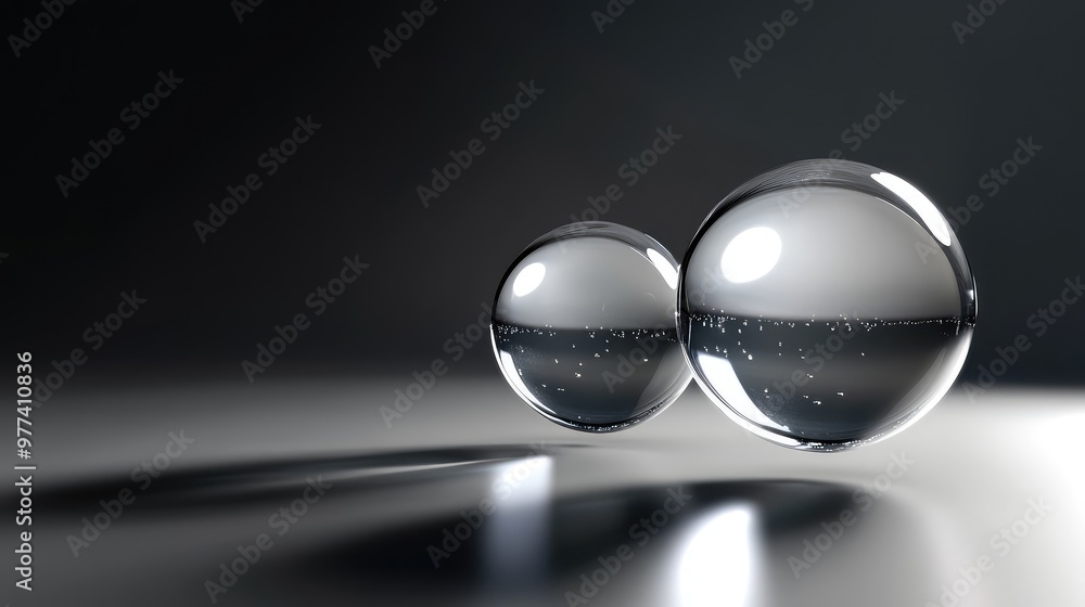 Poster floating glass orbs reflecting light and casting soft shadows in a dark, empty space.