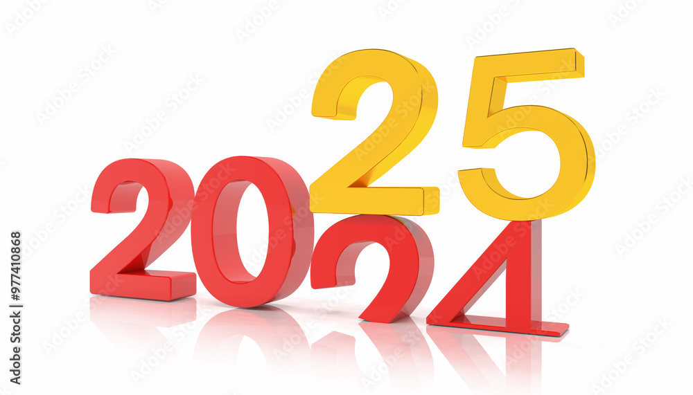 Poster 3d render of the numbers 2025 and 24 in red and gold over white reflecting background. the number 25