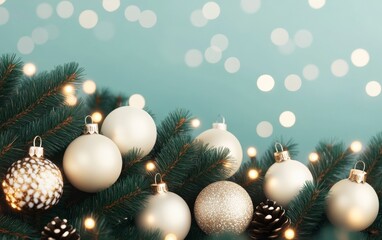 Fototapeta premium Elegant white Christmas ornaments on a frosty evergreen background, creating a festive and magical holiday atmosphere.