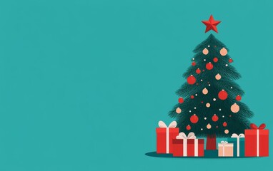 Festive Christmas tree adorned with colorful ornaments, accompanied by beautifully wrapped presents, perfect for holiday celebrations.