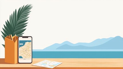 Obraz premium Organizing travel plans with a smartphone on a wooden desk