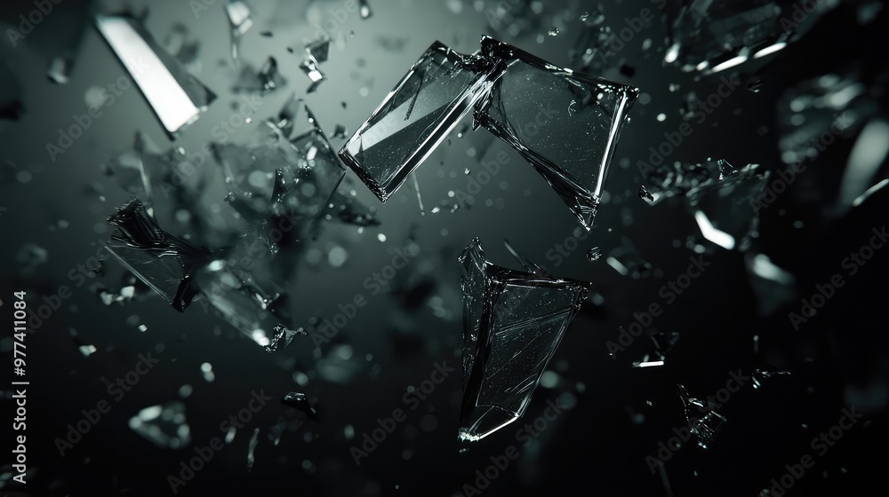 Poster floating glass shards catching light and casting intricate reflections in a dark void.