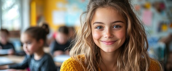Fototapeta premium Happy Schoolgirl Smiling in Classroom