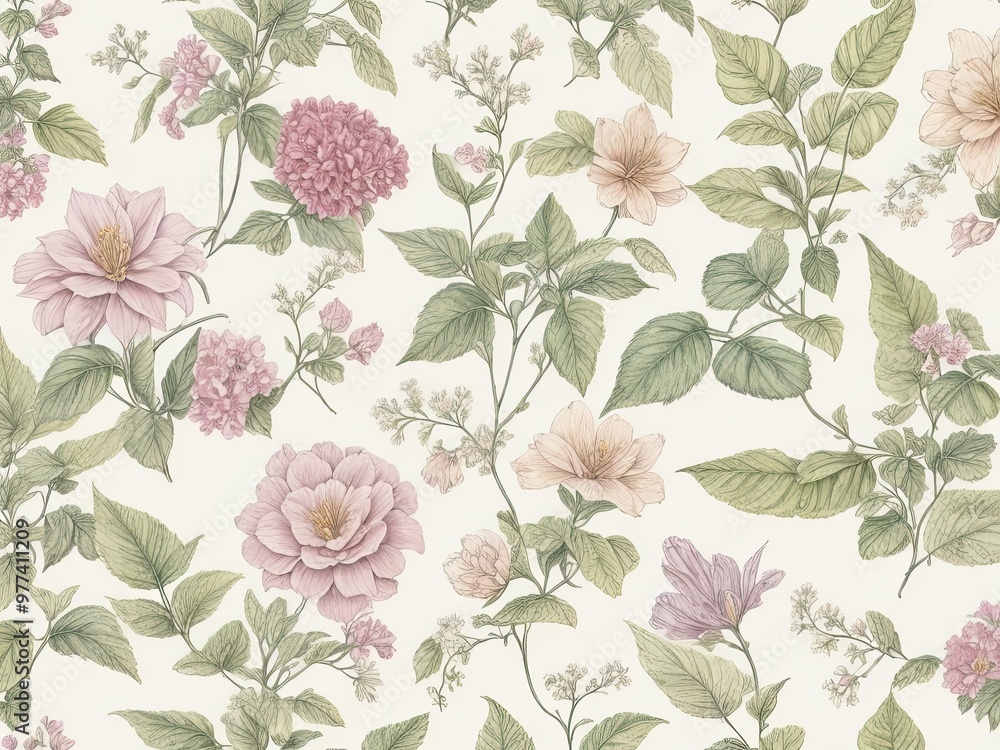 Poster background with a seamless pattern that showcases a selection of old botanical drawings with softly 