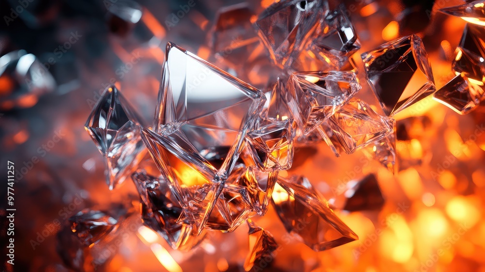 Poster floating glass shards catching light and casting intricate reflections in a dark void.