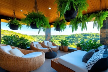 Obraz premium A sunroom filled with hanging plants, wicker furniture, and a view of the natural surroundings for a peaceful, relaxing space