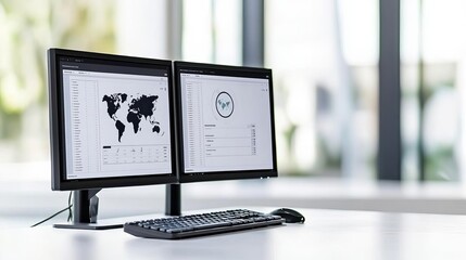 Efficient travel management setup featuring a dual-screen computer showing a travel management tool and a digital world clock