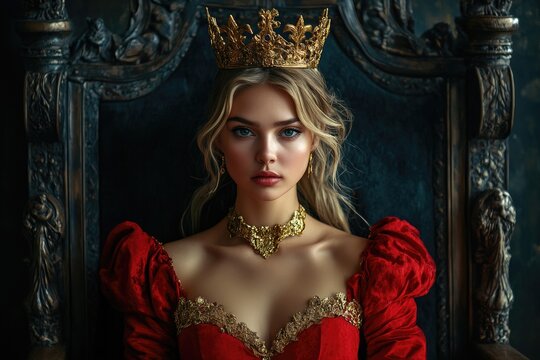 Blonde queen wearing gold crown sitting on throne posing