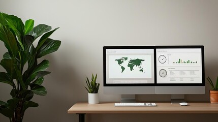 Efficient travel management setup featuring a dual-screen computer showing a travel management tool and a digital world clock