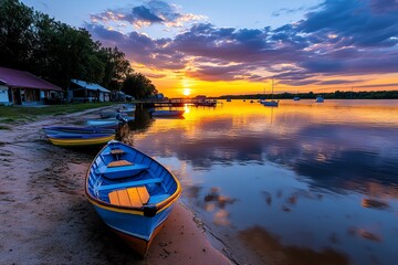 Fototapeta premium A sunset view of the Lielupe River, with small boats docked along the shore and the sky painted in warm colors