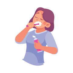 Woman Character in Bathroom Brushing Teeth Enjoy Morning Routine Vector Illustration