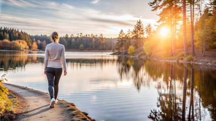 Fototapeta premium Person walking along lakeshore at sunset with peaceful water reflections