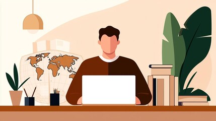 Creating a comprehensive travel plan on a laptop in a beautifully lit library room