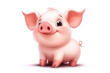 Cute pink piglet standing and smiling on white background