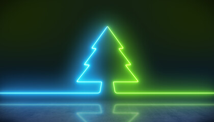 Illustation of glowing neon Christmas tree in blue and green on reflective floor - Abstract background - vacation concept.